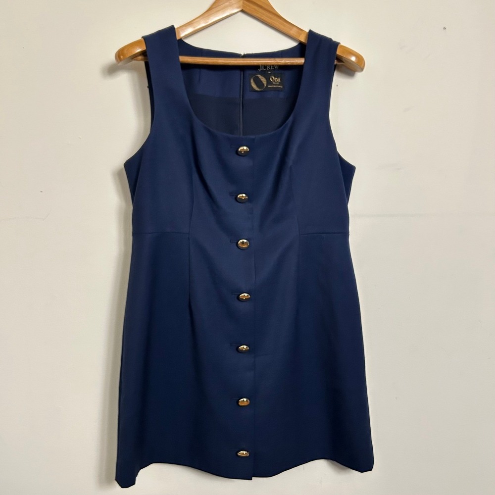J.Crew Fitted Navy Blue Wool Blend Gold Button Shift Dress 14 Business Career